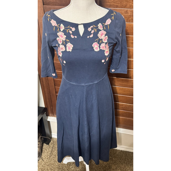 eShakti Navy blue Embroidered Dress Size 0 XS Fit & Flare cotton stretch - Picture 1 of 7